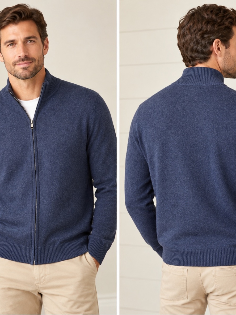 Neiman Marcus 100% Cashmere Men's Navy Zip-Up Ribbed Collar Sweater
